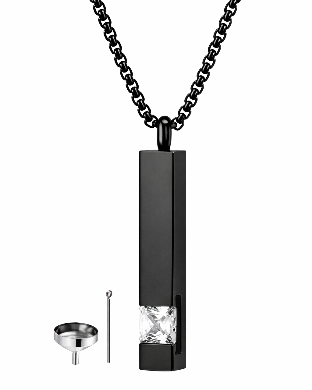 Black pendant necklace with a clear gemstone on a white background