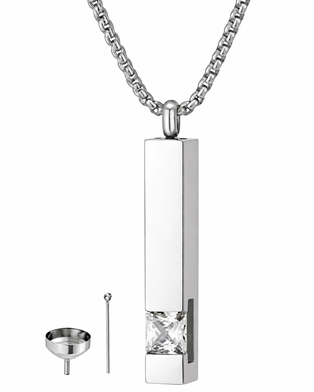 Silver pendant with a funnel and tool on a white background