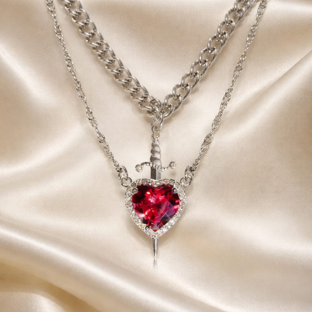 Necklace with a red heart-shaped pendant on a satin background