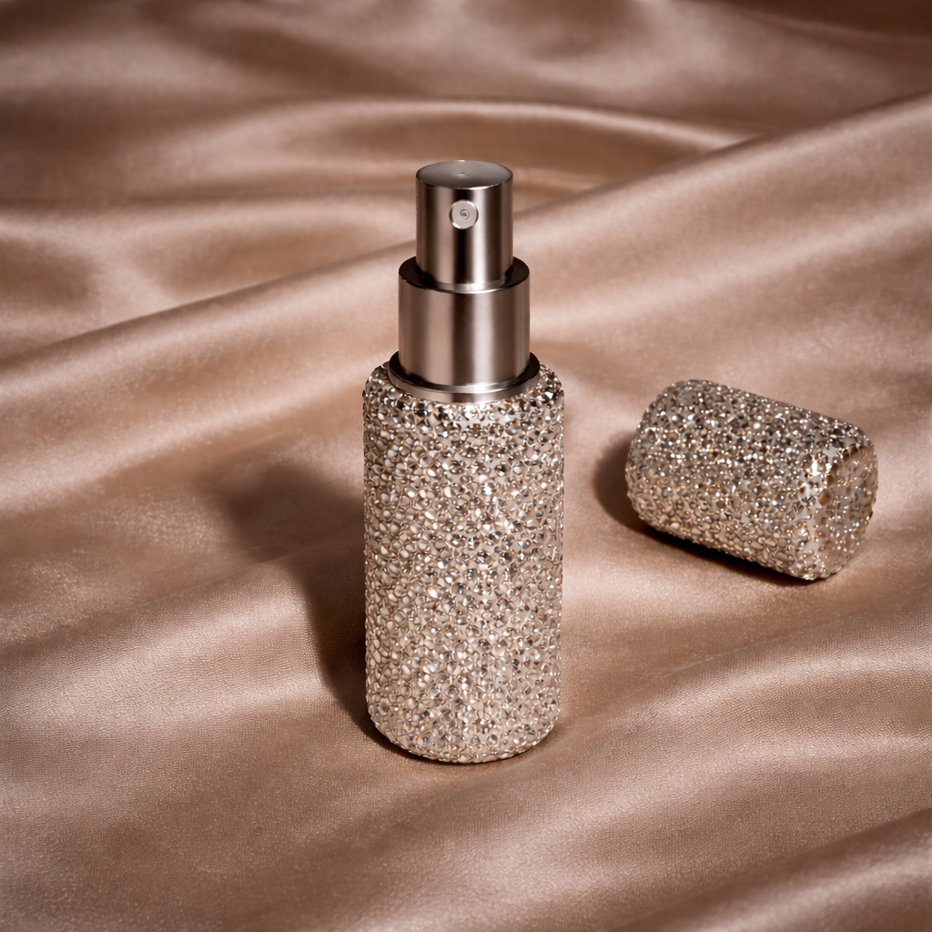Sparkly spray bottle and roller ball on a satin surface